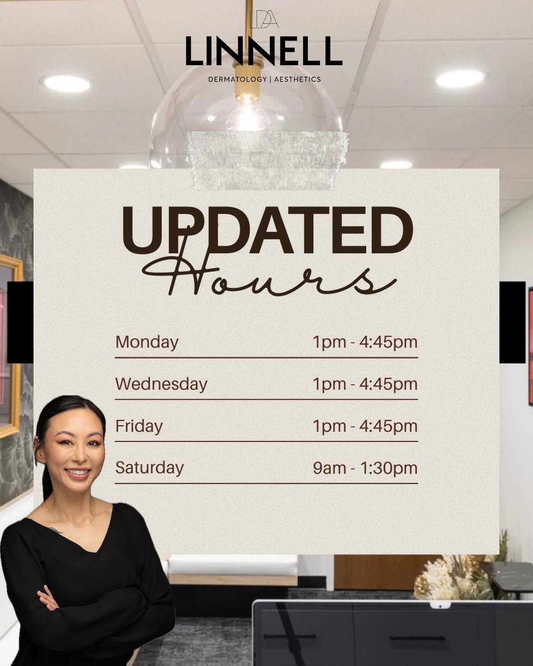 Instagram post by Dr. Erica Linnell: After an extended leave, I’m so happy to be back at LDA! 🤍 My updated hours are as shown above for all laser services, facials & my new cur…