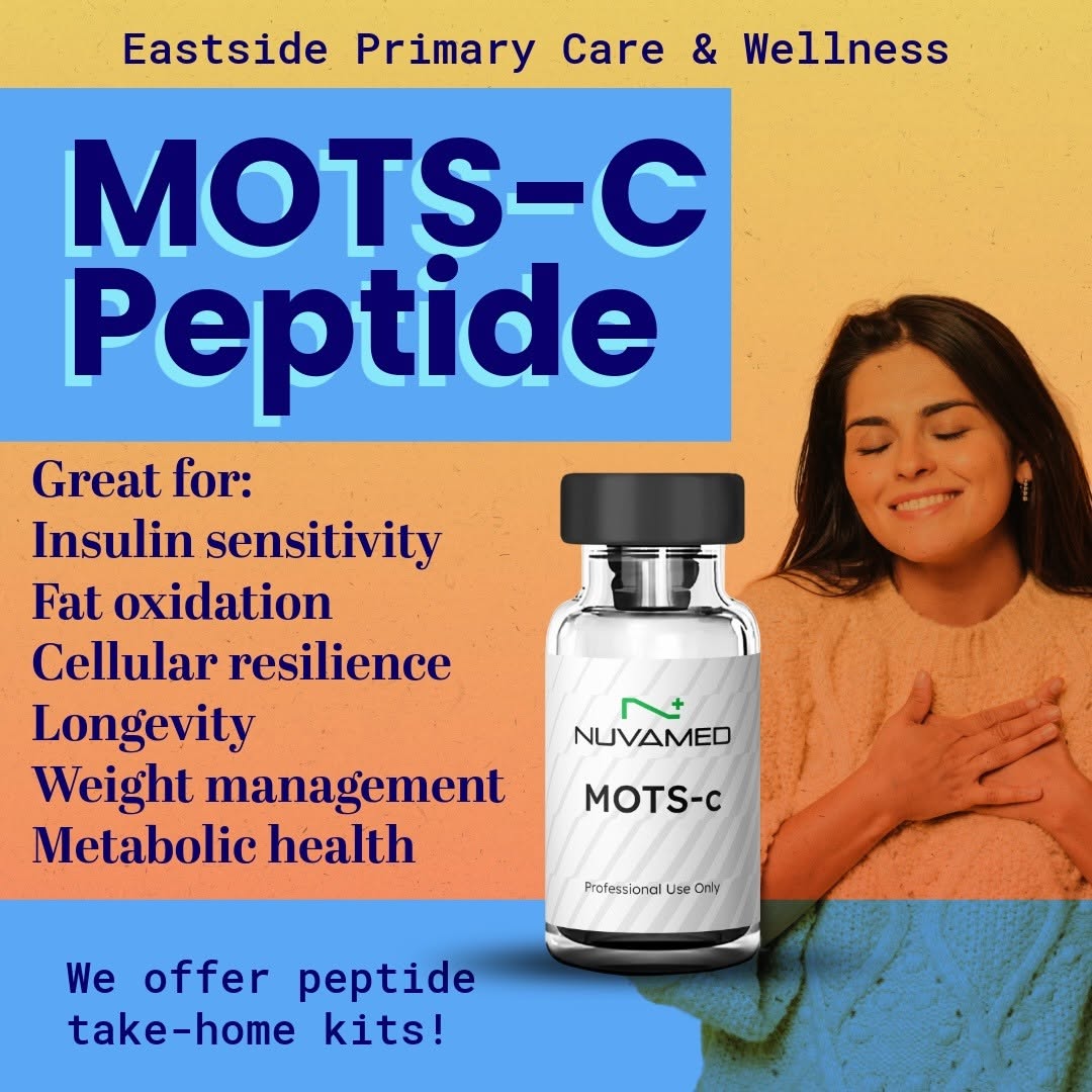 Instagram post by Dr. Erik Suh: FEEL YOUR BEST with our MOTS-c peptide from Nuvamed! Increase overall longevity by taking your weight management and metabolic health into y…