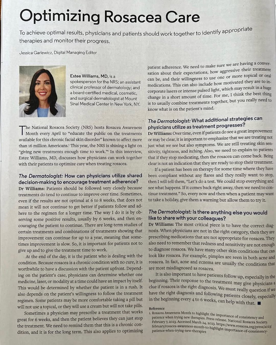 Instagram post by Dr. Estee Williams: In this interview, I talk about the importance of continuing rosacea therapy even once the skin looks clear, and why it’s important to be pa…