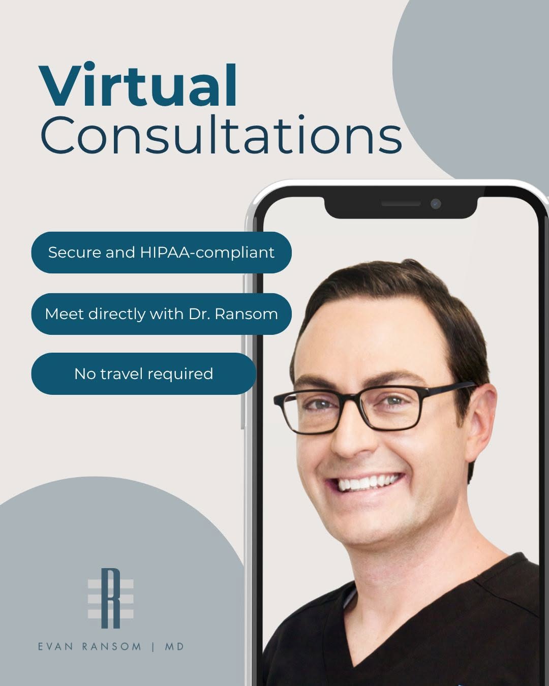 Instagram post by Dr. Evan Ransom: Not local to San Francisco? That's not a problem! We offer secure, HIPAA-compliant virtual consultations for patients throughout California …