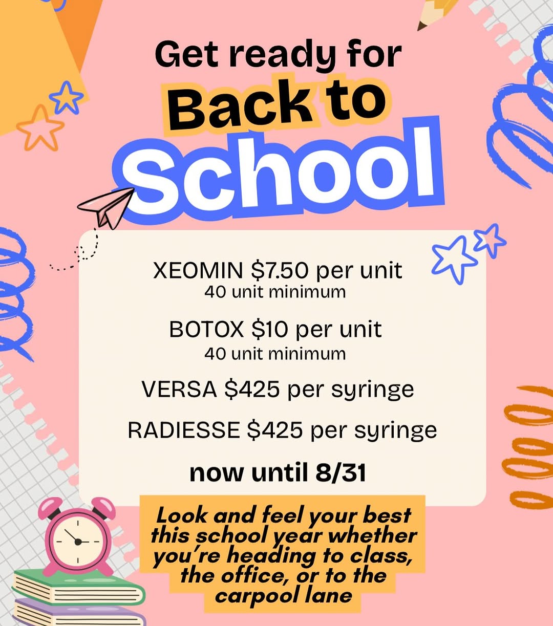 Instagram post by Dr. Falguni Patel: Back to school specials now until 8/31. Limited appointments available 📆 📲 732-444-4859 Booking link in bio 🔗