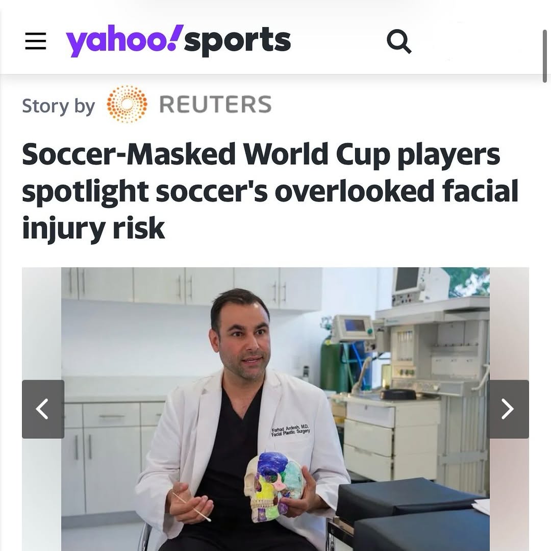 Instagram post by Dr. Farhad Ardesh: Reuters recently interviewed me about facial injuries, protective masks, and facial fractures during the FIFA World Cup. As a facial plastic…