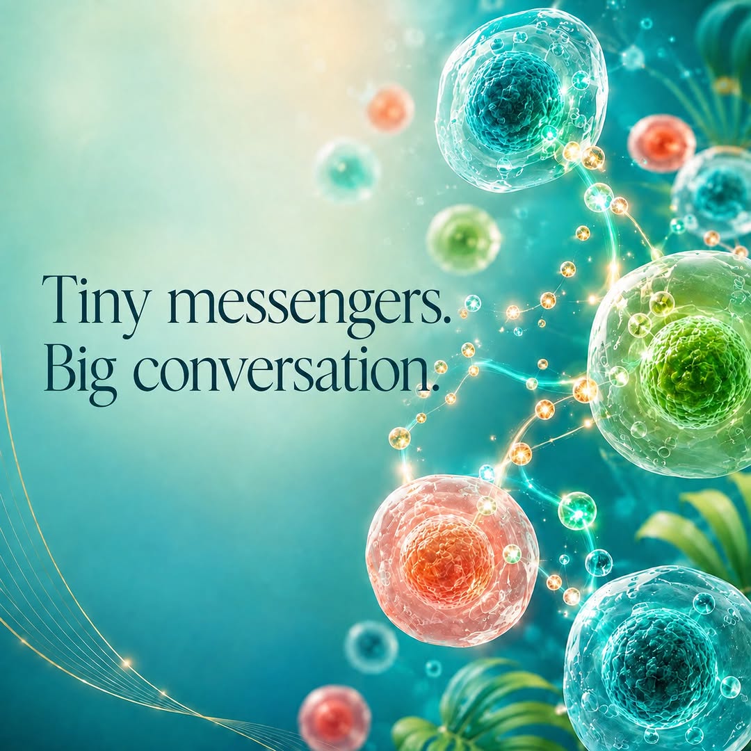 Instagram post by Dr. Ferdinand Cabrera: Tiny messengers. Big conversation. This September, we’re exploring exosomes: microscopic cellular messengers that are being studied for thei…
