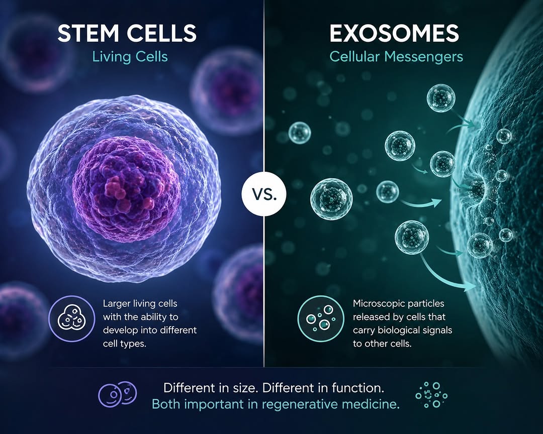 Instagram post by Dr. Ferdinand Cabrera: Stem cells and exosomes are not the same. Stem cells are living cells, while exosomes are microscopic particles released by cells that carry…