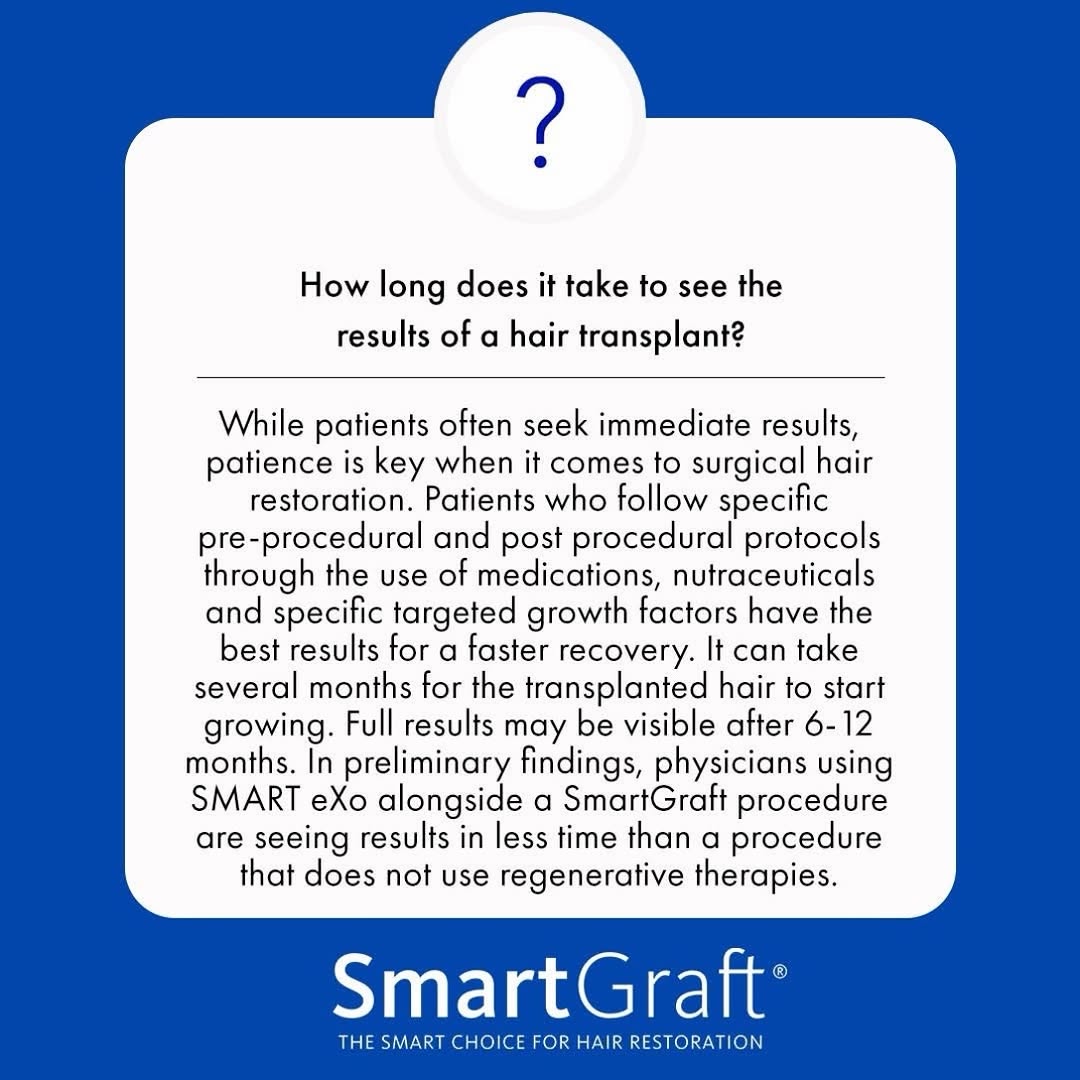 Instagram post by Dr. Francis J. Collini: ✨ When will you see your SmartGraft results? New hair growth typically begins within a few months, while full results can take 6–12 months t…