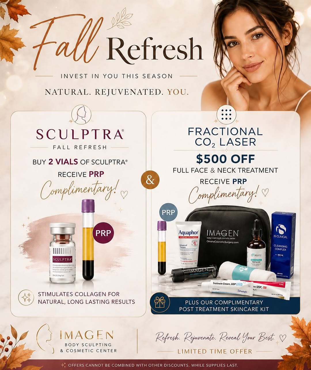 Instagram post by Dr. Frank Soto Leon: Invest in you this season with our Fall Refresh specials at Imagen: ✨ Sculptra® — Buy 2 vials & receive complimentary PRP ✨ Fractional CO₂ L…