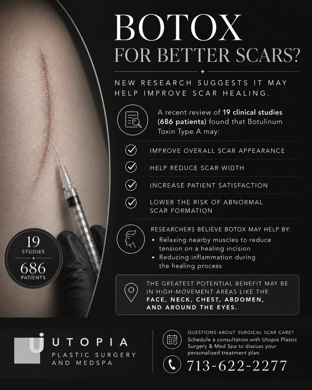 Instagram post by Dr. Franklin A. Rose: Could Botox play a role in better scar healing? 👀 Emerging research suggests Botulinum Toxin Type A may offer benefits beyond wrinkle reduc…