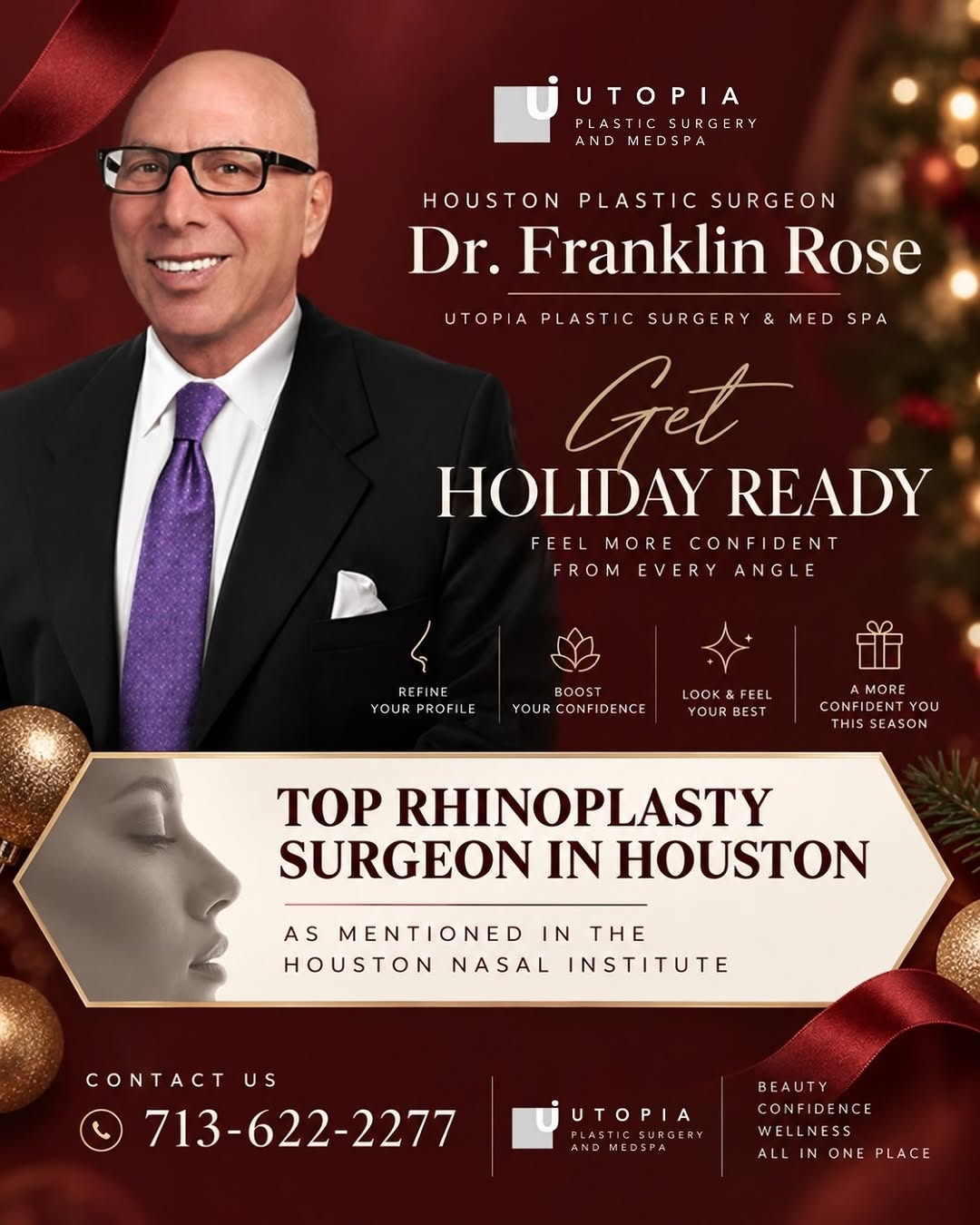 Instagram post by Dr. Franklin A. Rose: Holiday confidence starts now ✨ Trust your rhinoplasty journey to Dr. Franklin Rose, a top Houston rhinoplasty surgeon as mentioned in Top R…
