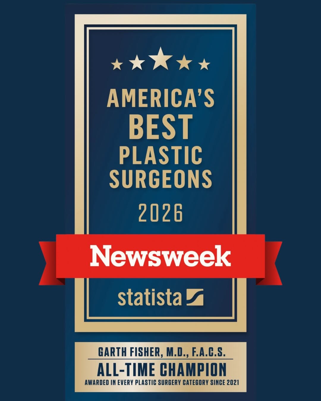 Instagram post by Dr. Garth Fisher: I am deeply honored and grateful to once again be recognized by my peers / Newsweek and Statista among America’s Best Plastic Surgeons for 2…