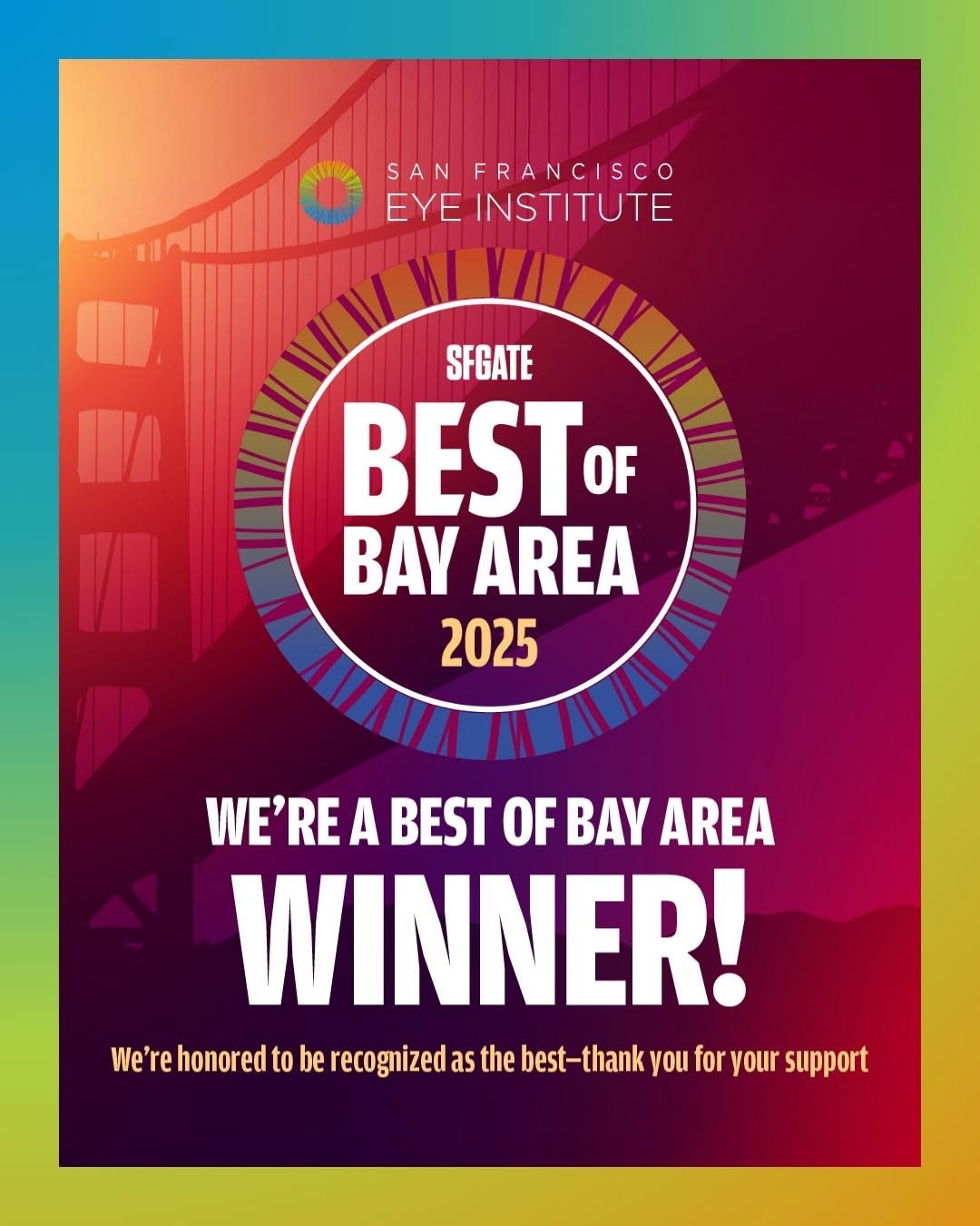 Instagram post by Dr. Gary L. Aguilar: We’re thrilled to share that San Francisco Eye Institute has been named 🏆 Winner of Best Optometry Center in the Bay Area! 🏆 Rooted in a l…