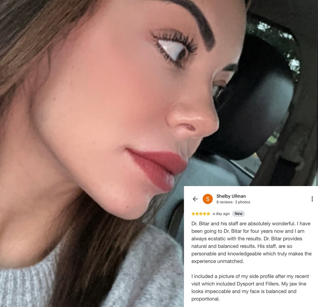 Instagram post by Dr. George Bitar: Not sure what I like better, her 5-Star Review or that snatched jawline! Thank you to my beautiful patient for sharing 🙏 #modellift #facial…