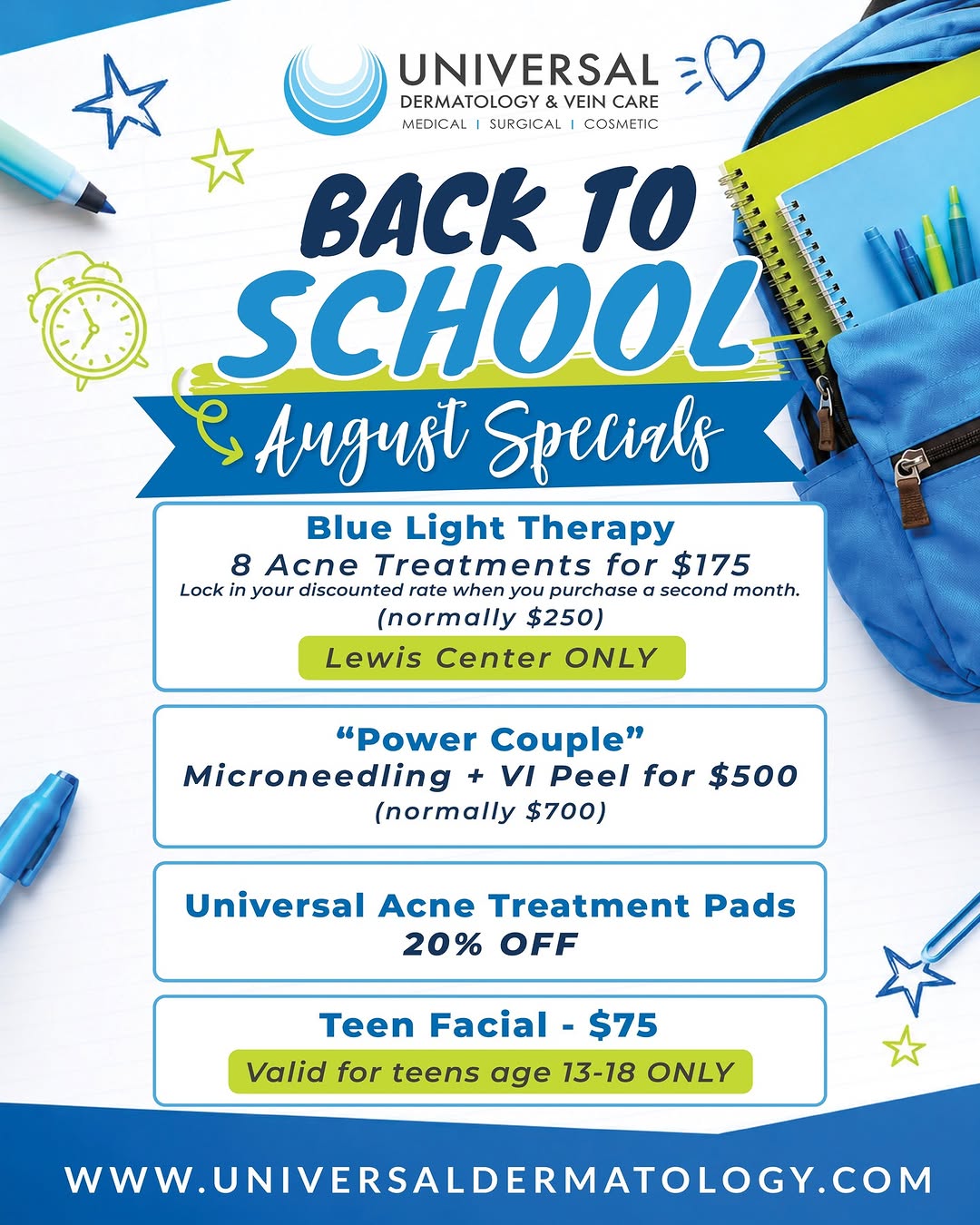 Instagram post by Dr. George C. Skandamis: Head back to school with skincare goals in place. From acne-focused care to a treatment pairing designed to renew and rejuvenate, our August…