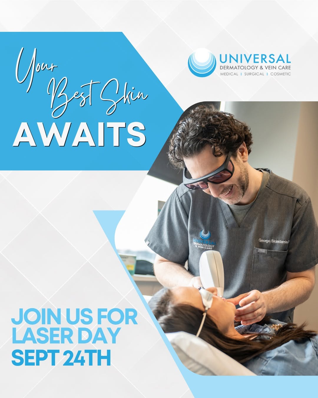 Instagram post by Dr. George C. Skandamis: Your best skin is just a treatment away! Join us for Laser Day on September 24th to target your specific skincare goals with our customized …