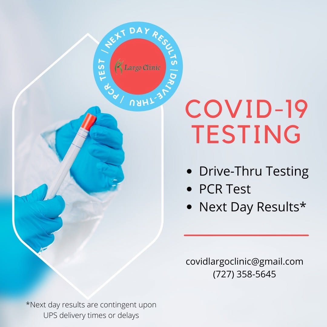 Instagram post by Dr. George Kamajian: Drive-thru testing available! Schedule your appointment today. 📍 10500 Ulmerton Rd #360, Largo, FL 33771 📞 tel:7275171500 | http://largocl…