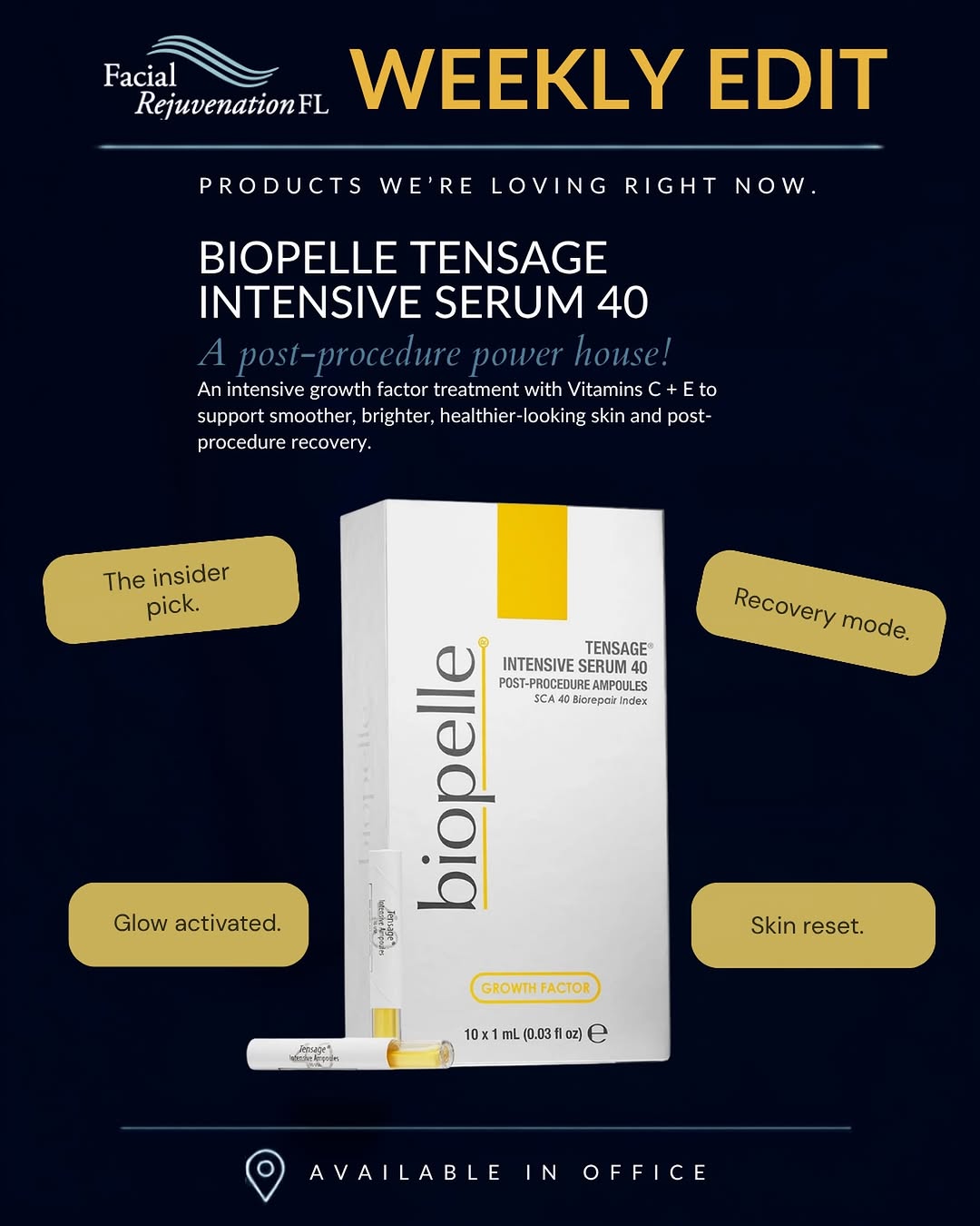Instagram post by Dr. Gerald Pierone Jr.: What we’re loving this week: THE post-procedure powerhouse. Biopelle Tensage Intensive Serum 40 pairs growth factors with Vitamins C + E to …