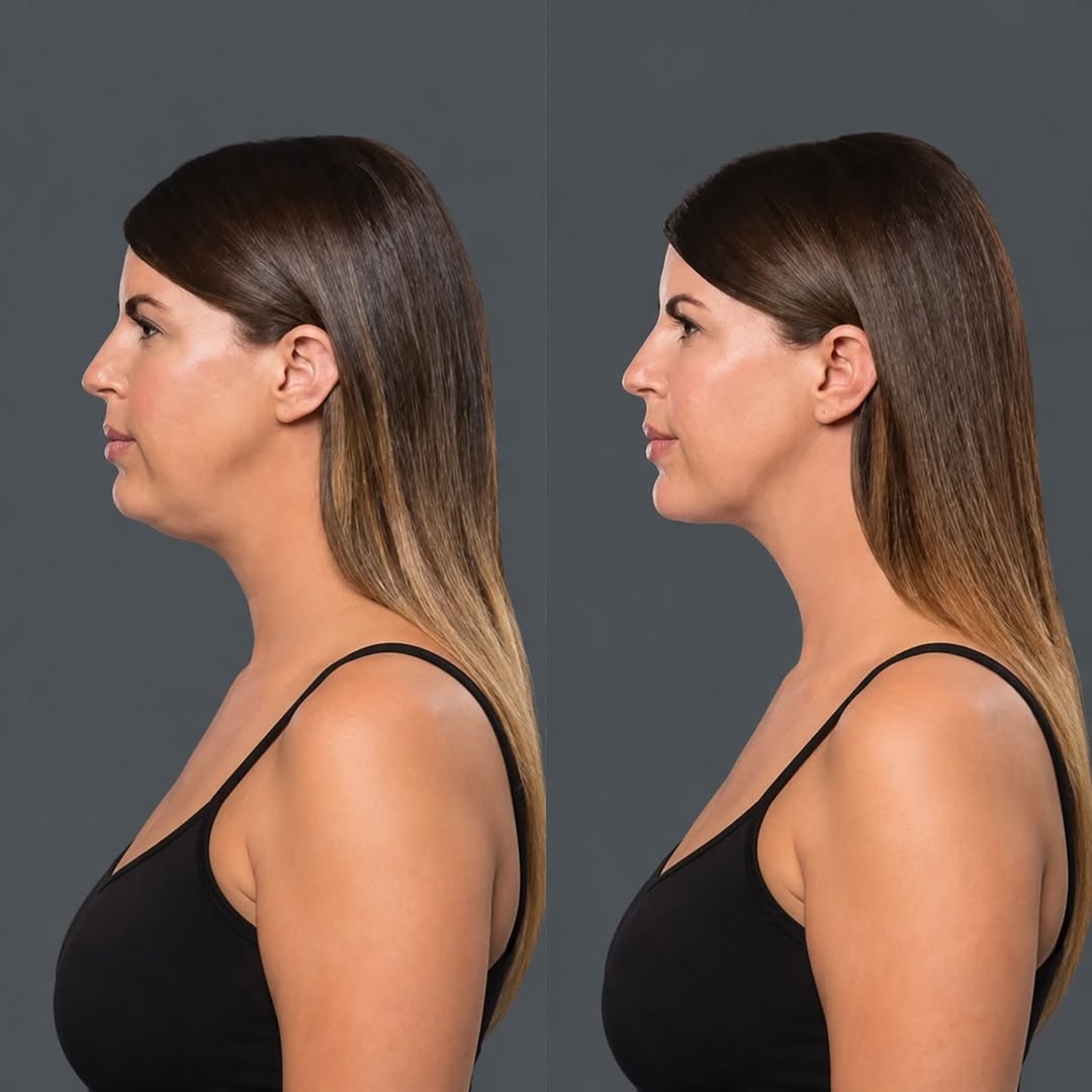 Instagram post by Dr. Gergana Gallacher: Double chin? It might not be about your weight. ✨ Kybella is an FDA-approved injectable treatment that permanently destroys fat cells beneat…