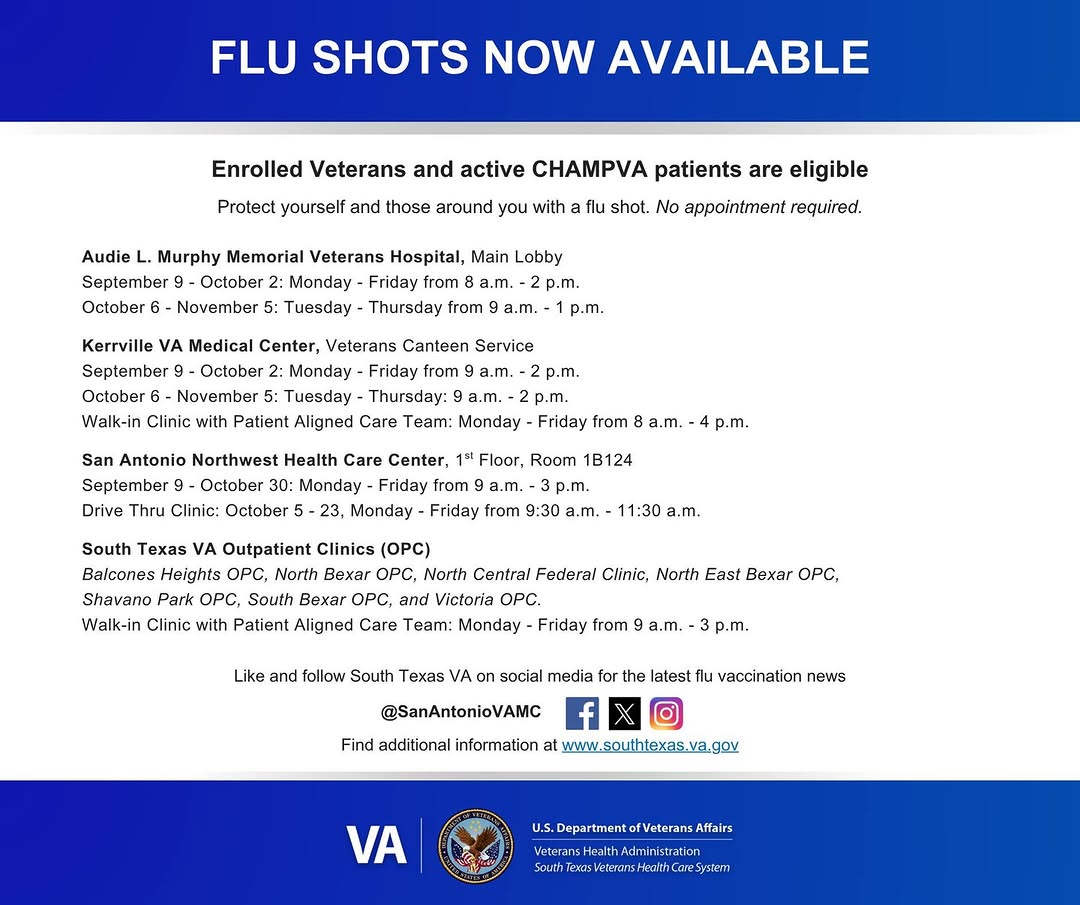 Instagram post by Dr. Ghazwan Sharabi: It’s that time of year again! Fall is the start of Flu season. Flu Shots are now available at South Texas VA locations for enrolled Veterans…