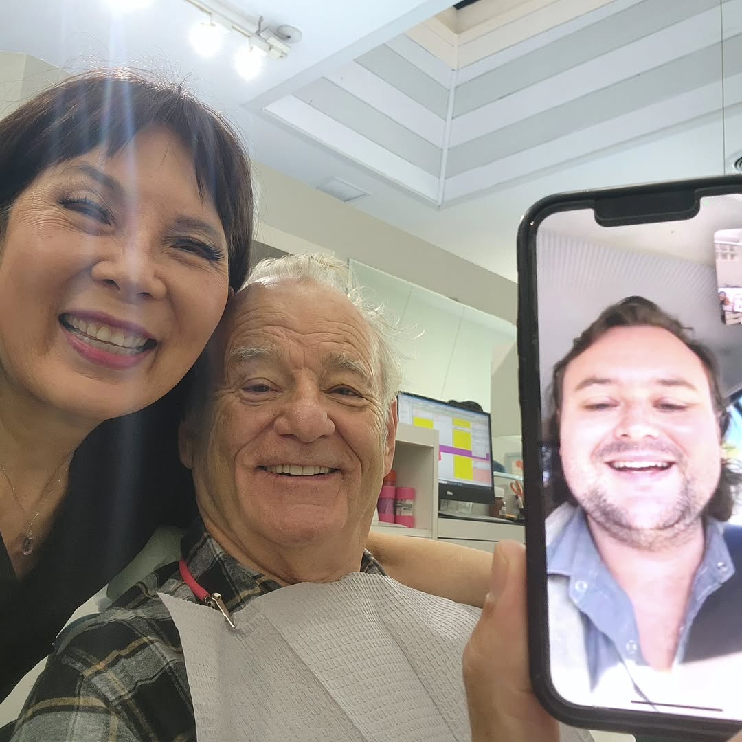 Instagram post by Dr. Grace Sun: Nice to have an old pal, Bill Murray, come for a dental visit and got to chat with him and his son Cooper, virtually 🫰❤️ #happyvibes