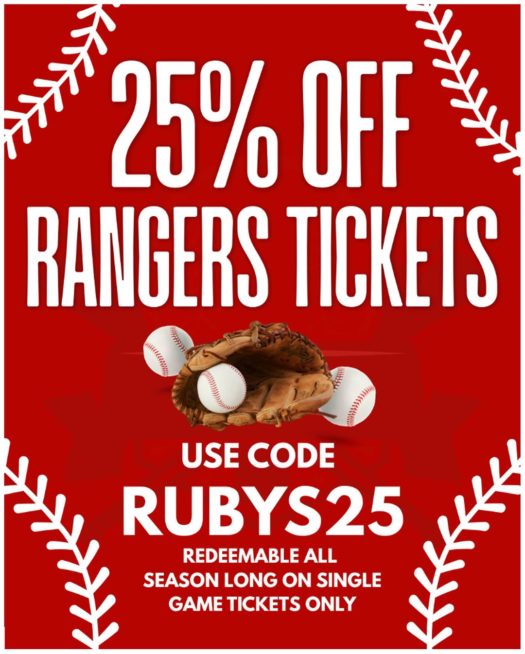 Instagram post by Dr. Greg Greenberg: This FRI/SAT/SUN the Texas Rangers play at HOME against the Toronto Blue Jays. Use discount code RUBYS25 to get 25% OFF on single-game ticke…