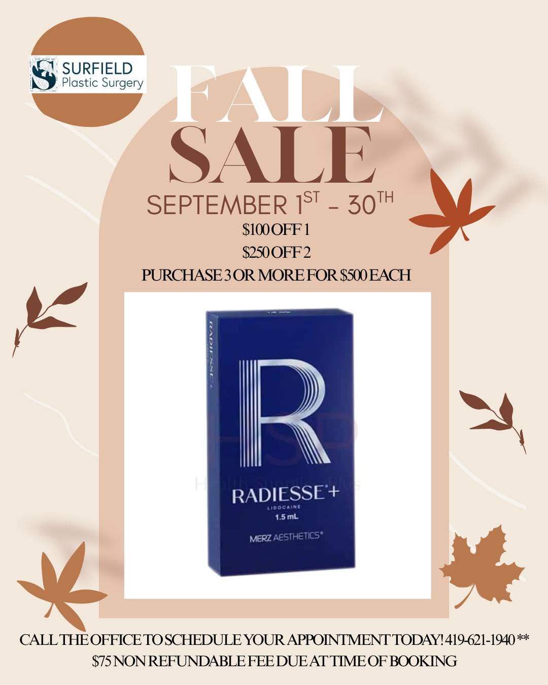 Instagram post by Dr. Gregory A. Surfield: 🍂 Fall into fabulous savings! Enjoy an AMAZING deal on Radiesse this September! Be sure to secure your spot and schedule your appoointment …