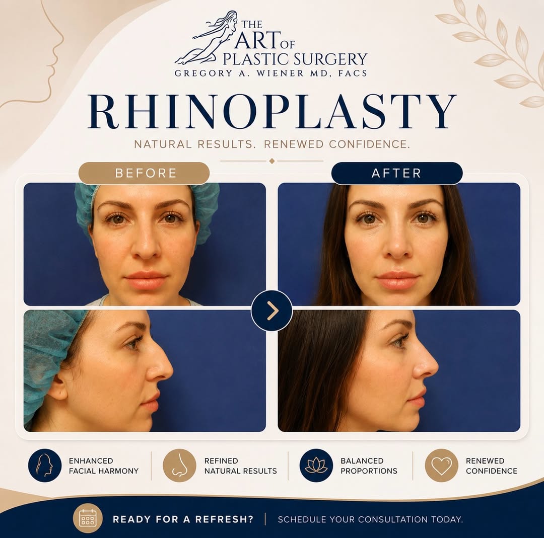 Instagram post by Dr. Gregory A. Wiener: Sometimes the smallest refinements create the biggest impact. ✨ This rhinoplasty before & after showcases improved facial harmony and natura…