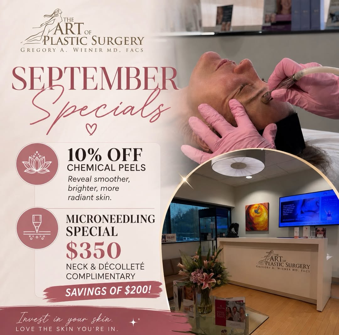 Instagram post by Dr. Gregory A. Wiener: ✨ SEPTEMBER SKINCARE SPECIALS ✨ Ready to give your skin a little extra love? Our September specials are here! 🤍 ✨ 10% OFF Chemical Peels Re…