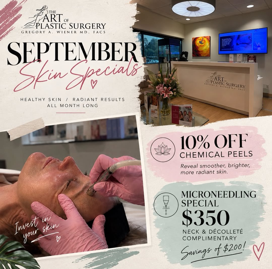Instagram post by Dr. Gregory A. Wiener: ✨ SEPTEMBER SKINCARE SPECIALS ✨ A little skin refresh, a lot of glow. 🤍 ✨ 10% OFF Chemical Peels ✨ Microneedling — $350 Your neck & décolle…