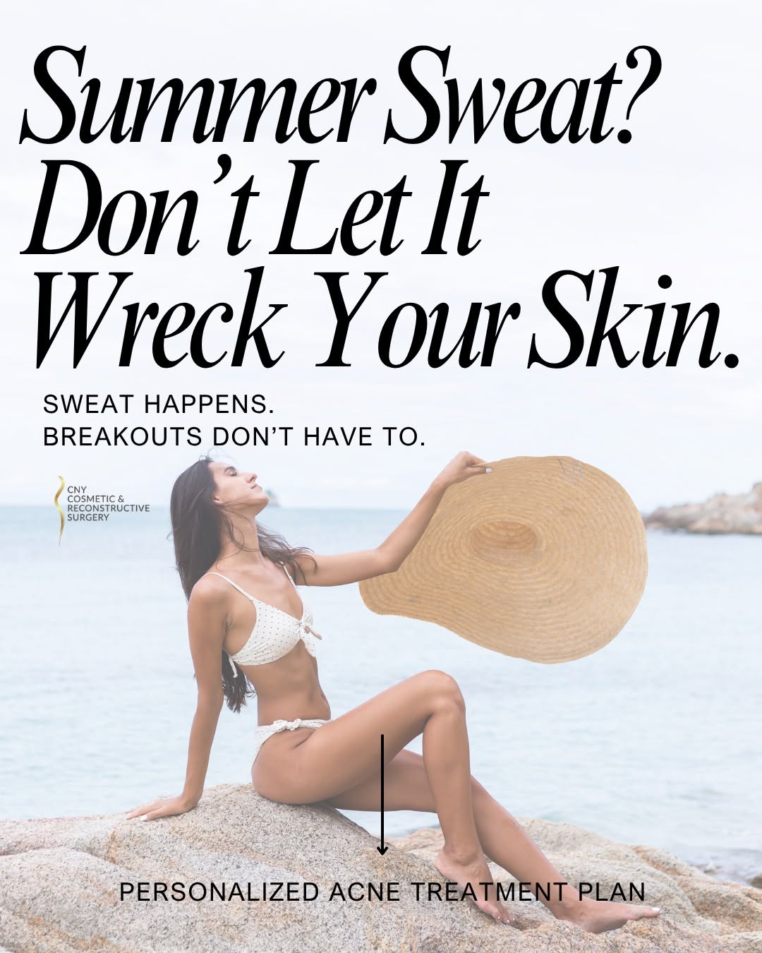 Instagram post by Dr. Gregory Baum: ☀️Summer Sweat Doesn't Have to Mean Summer Breakouts. Hot weather, sweat, sunscreen, and excess oil can clog pores and trigger acne, but the…