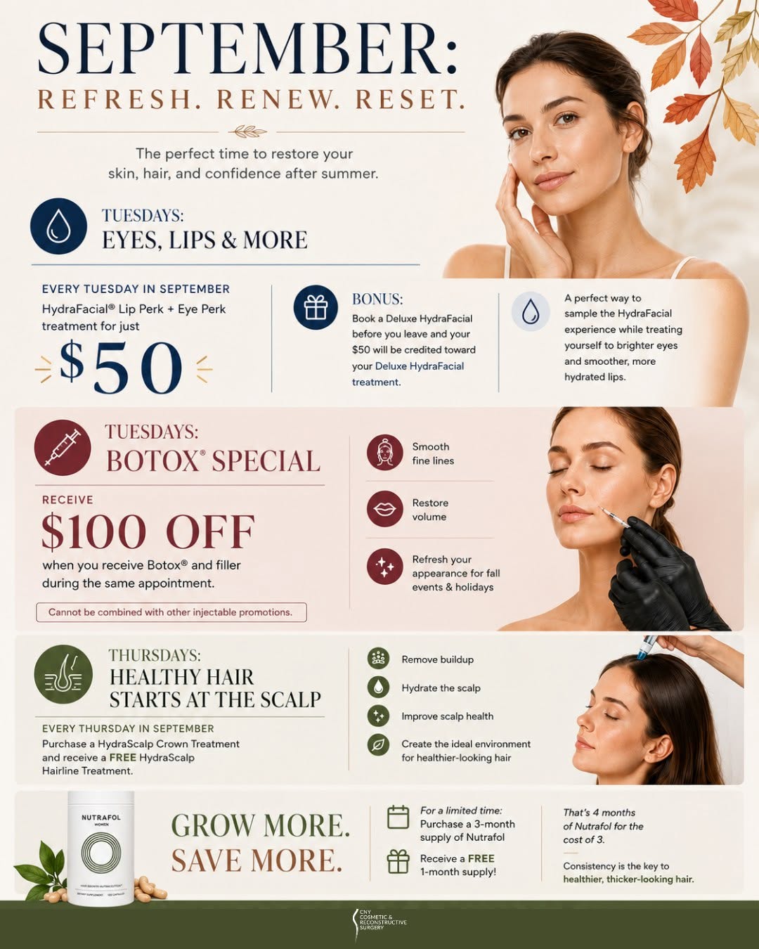 Instagram post by Dr. Gregory Baum: 🍂 September: Refresh. Renew. Reset. 🍂 A new season is the perfect time to focus on you. Whether your goal is smoother skin, a refreshed ap…