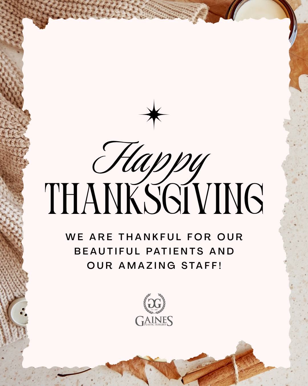 Instagram post by Dr. Gregory C. Gaines: Happy Thanksgiving, y'all! What's your fave Thanksgiving dish? 🦃🥧🍠 . . . . . . . #PlasticSurgery #CosmeticSurgery #AestheticSurgery #Beau…