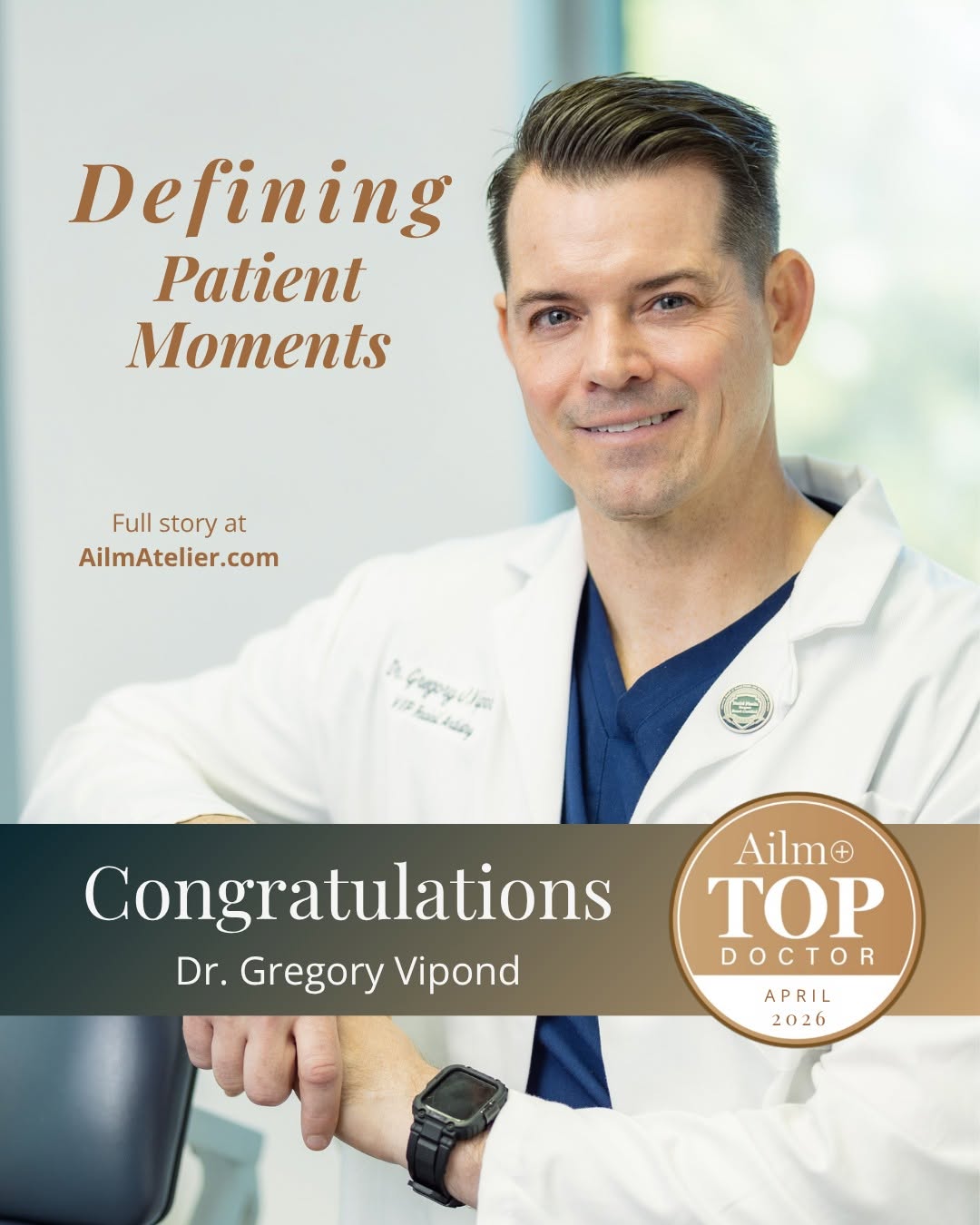 Instagram post by Dr. Gregory J. Vipond: Announcing Ailm Atelier’s April 2026 Top Doctor: @vipondmd The votes have been counted, and this month, our community is celebrating a provi…