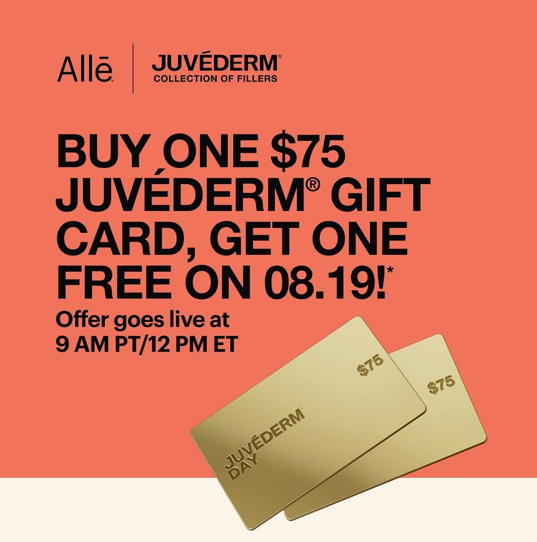 Instagram post by Dr. Gregory P. Kezele: 🎁 Tomorrow: Buy one $75 Juvéderm gift card, get one FREE! 🎁 JUVÉDERM® DAY goes LIVE 8/19 at 12PM ET — double the value toward smoothing li…