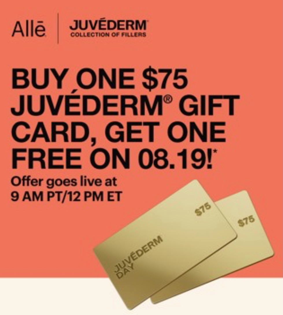 Instagram post by Dr. Gregory Peter Bourgeois: Juvederm Day = BOGO GIFT CARDS! 🎁 Buy one, get one FREE! ⏰ TOMORROW ONLY — don’t miss it!