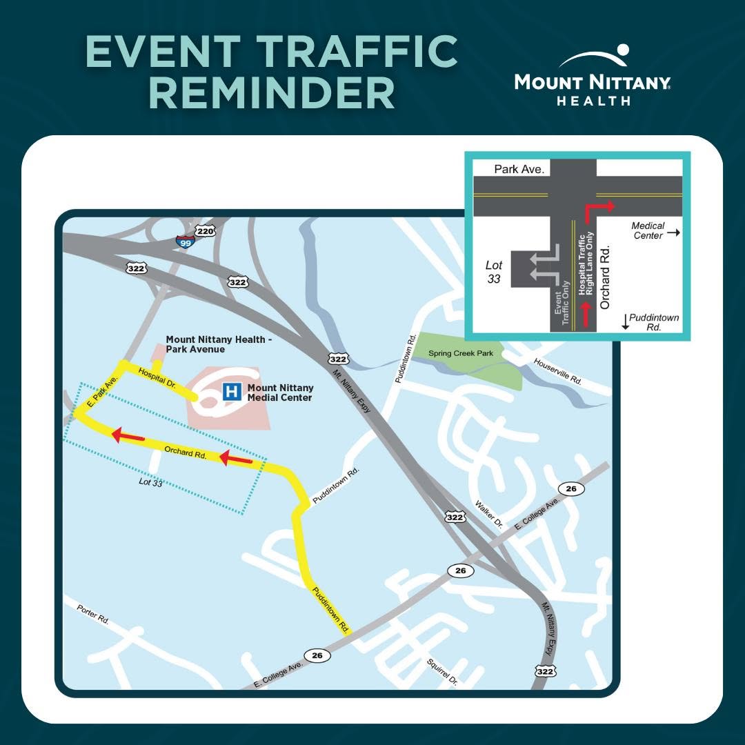 Instagram post by Dr. Gregory Ruff: Traveling to Mount Nittany Medical Center this Saturday? Be aware of traffic changes on home Penn State football game days. Orchard Road wil…