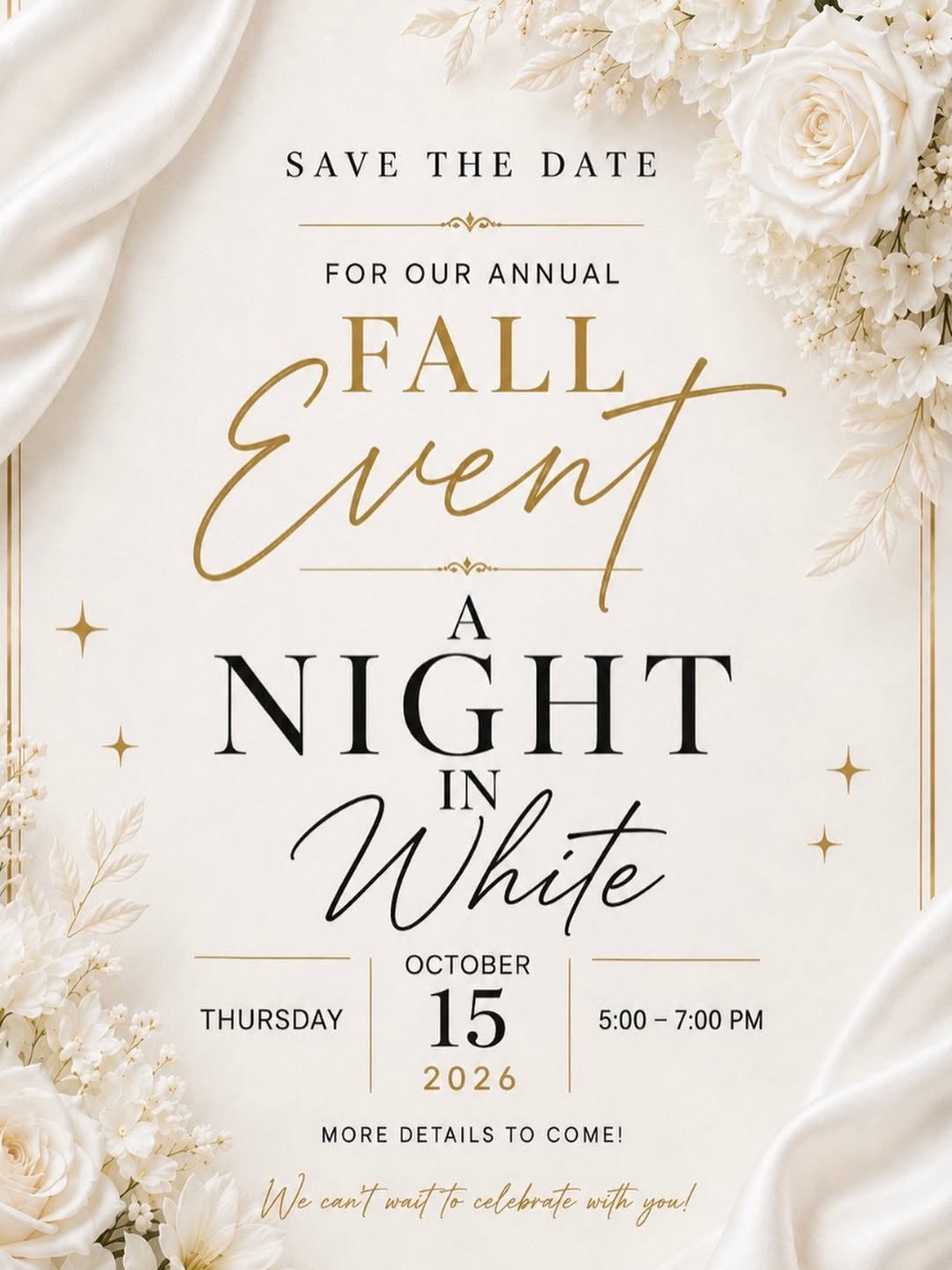 Instagram post by Dr. Gwen Maxwell: Save the date, darling. 🤍🥂 This fall, we’re trading autumn colors for something a little more chic… A Night in White ✨ Join us October 15t…