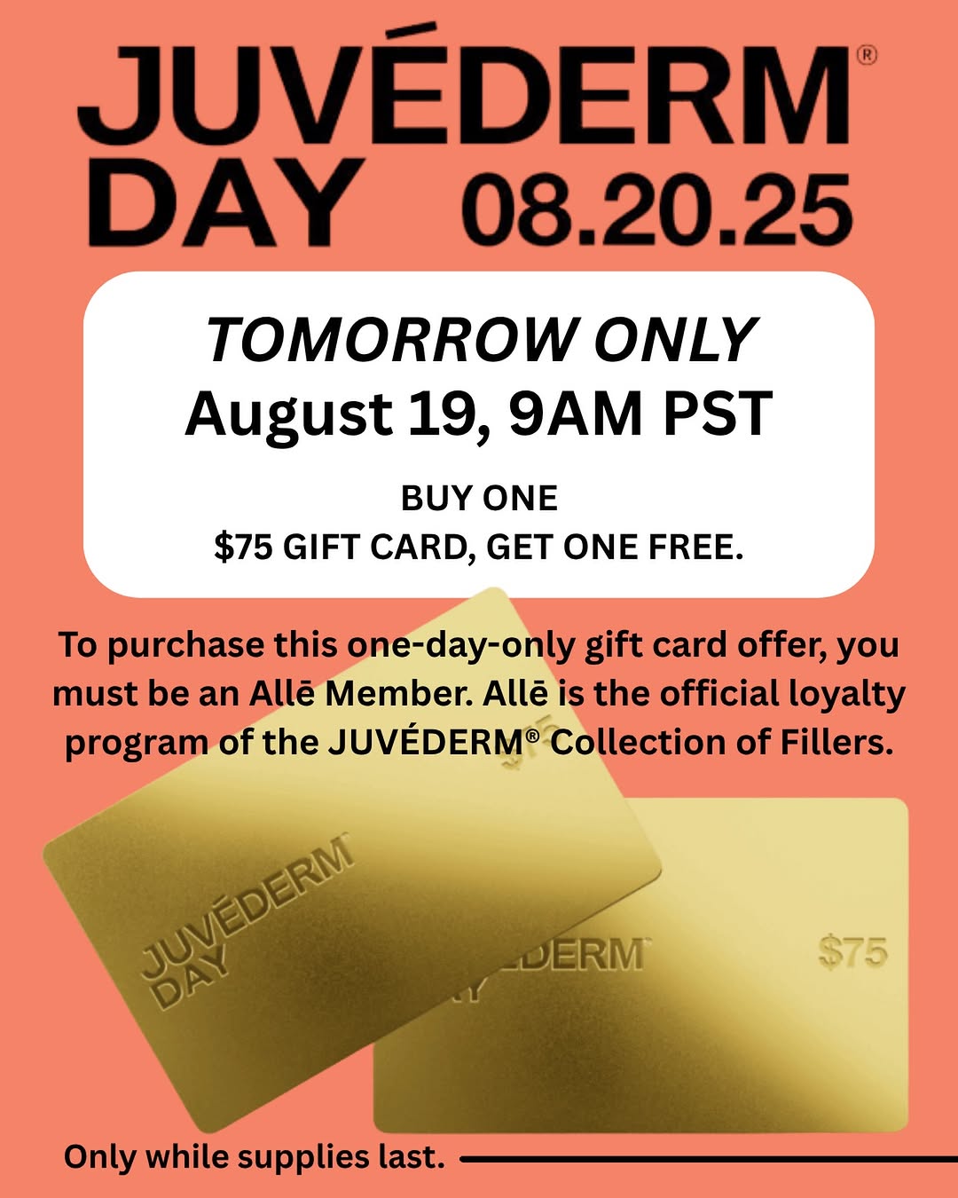 Instagram post by Dr. Han Ne Lee: Tomorrow is JUVÉDERM® Day at CDCOP! 💉✨ To celebrate, Allē is offering a limited-time JUVÉDERM® gift card special: buy one $75 gift card and…
