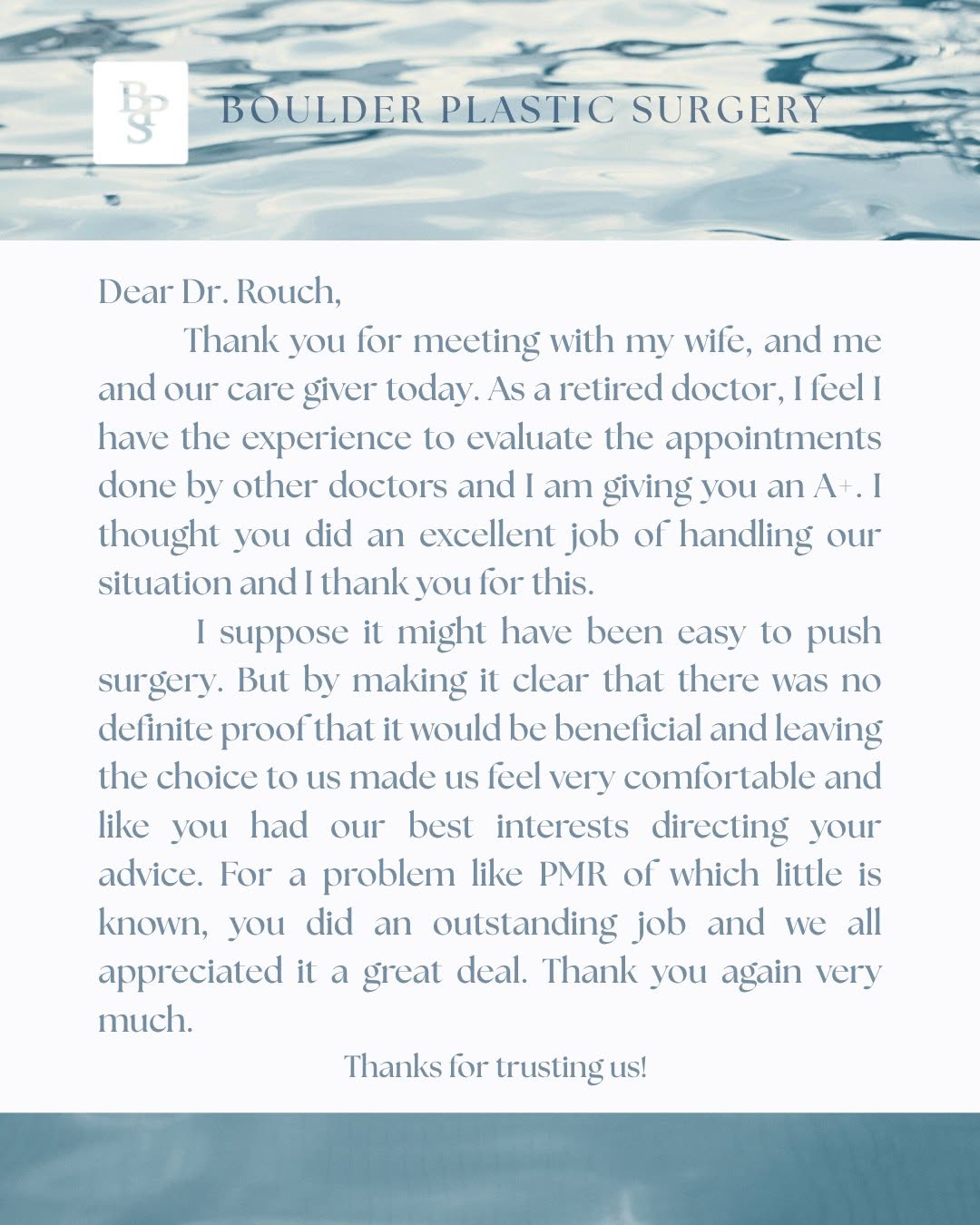 Instagram post by Dr. Hans R. Kuisle: A heartfelt thank you from a patient means so much to us. We are so grateful for the kind words and the trust our patients place in us. It i…