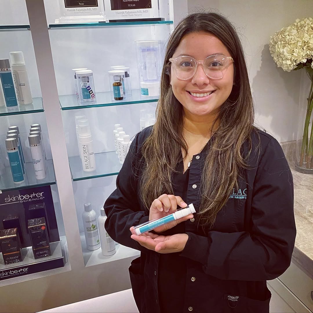Instagram post by Dr. Haresh Yalamanchili: Tiffany, our patient experience coordinator, is a skincare pro. But, even she suffers from a breakout from time to time. Her favorite blemis…