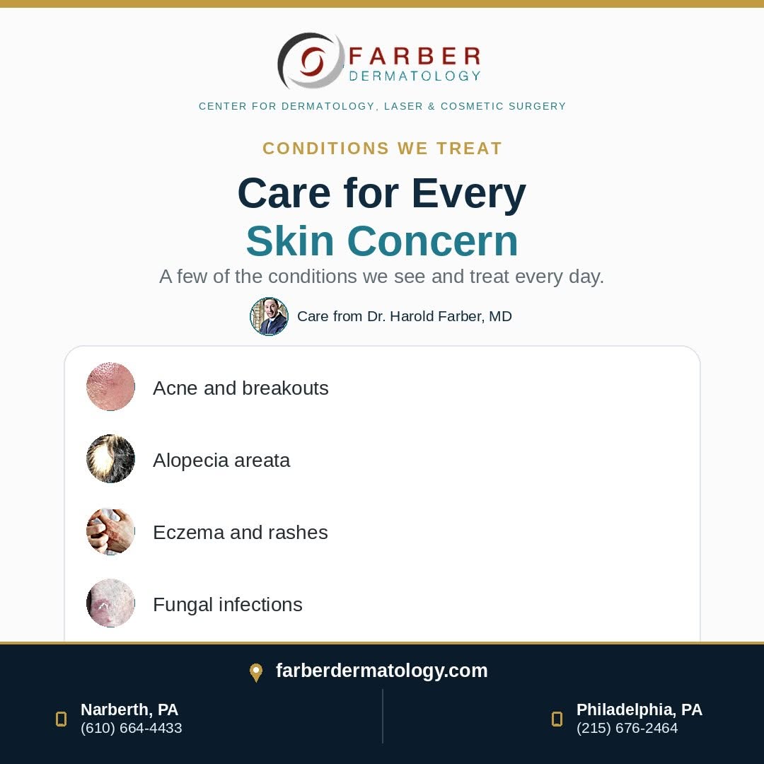 Instagram post by Dr. Harold Farber: 🩺 Not sure what’s going on with your skin? From breakouts to rashes, our team treats it all, with care that meets you where you are. ✔️ Acn…