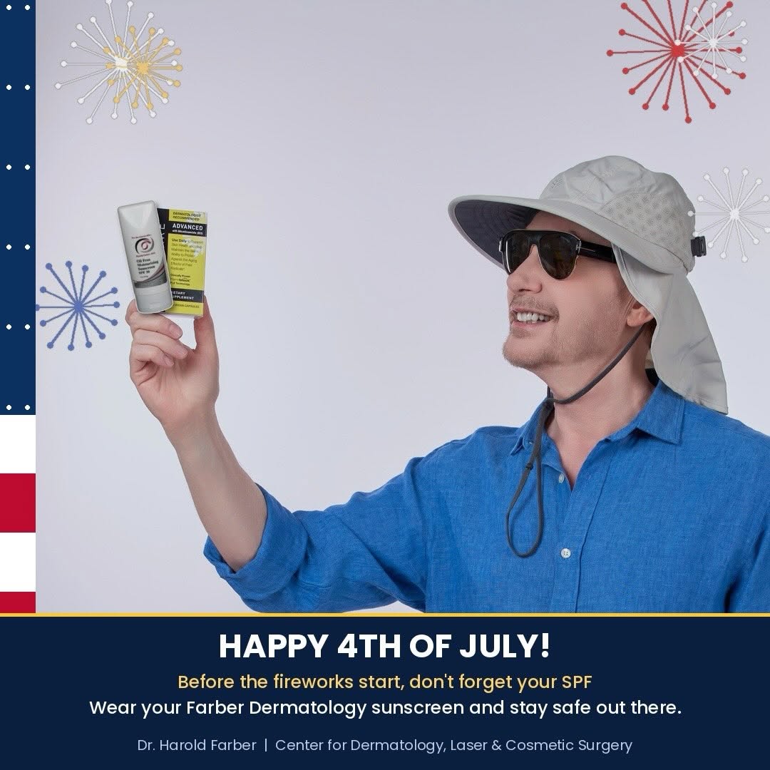 Instagram post by Dr. Harold Farber: Happy 4th of July from all of us at Farber Dermatology! 🎆🇺🇸 Before you head out to the barbecue or the fireworks, grab your sunscreen. Ou…
