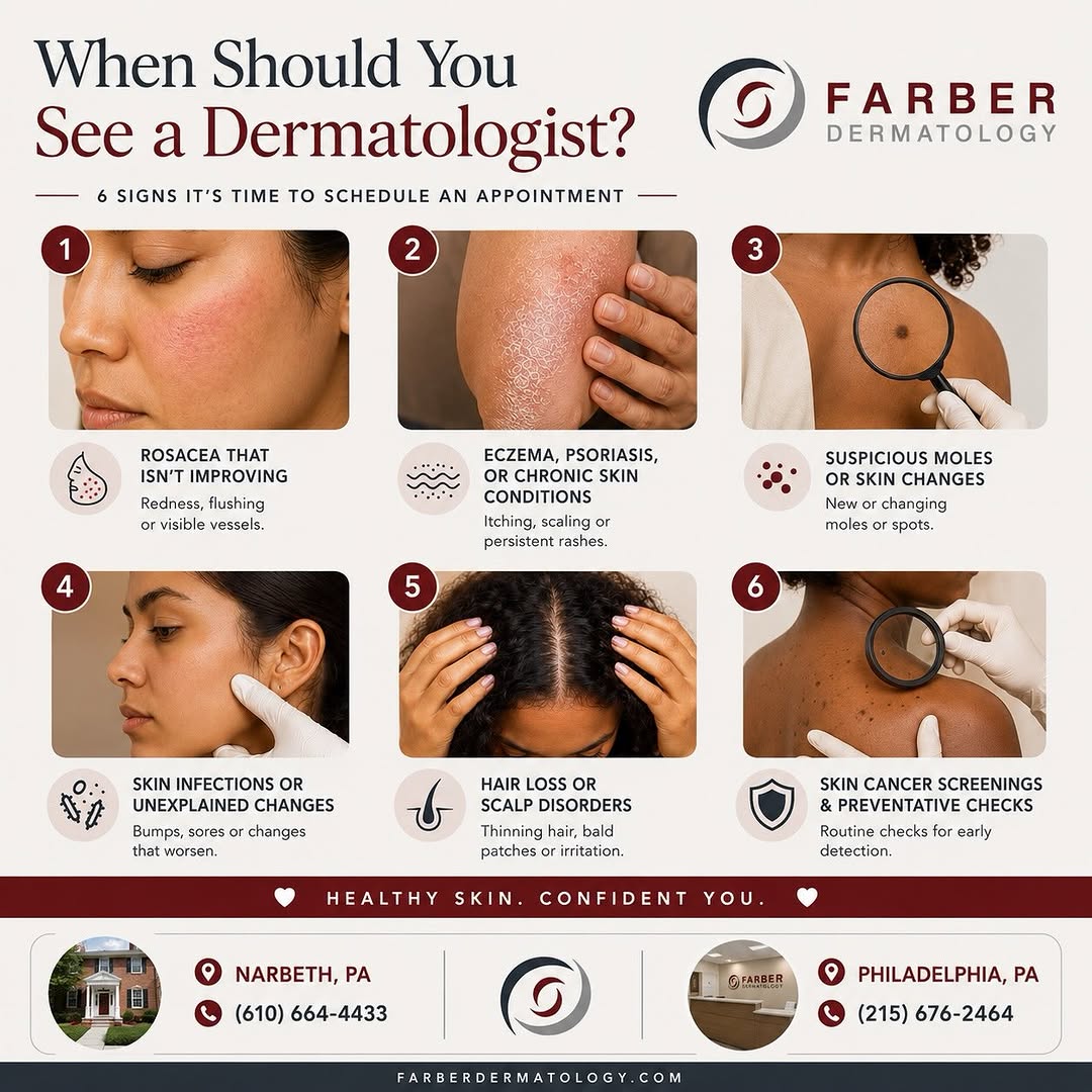 Instagram post by Dr. Harold Farber: Your skin is always trying to tell you something—don’t ignore the signs. From changing moles to persistent rashes, hair loss, or skin change…