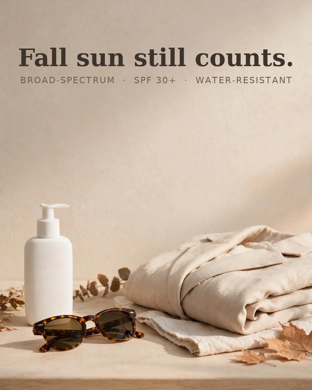 Instagram post by Dr. Harold Farber: Cooler weather does not mean ultraviolet protection can take the season off. Choose a broad-spectrum, water-resistant sunscreen with SPF 30 …