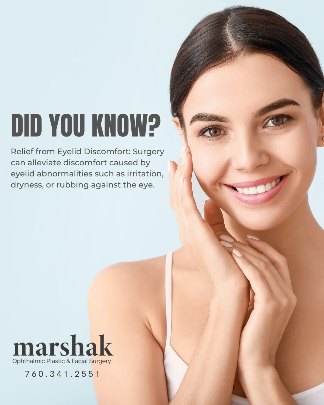 Instagram post by Dr. Harry Marshak: Tired of eyelid irritation or dryness? 👀 Surgery can help relieve discomfort and improve your daily comfort. 📞 760-341-2551 🌐 drmarshak.c…