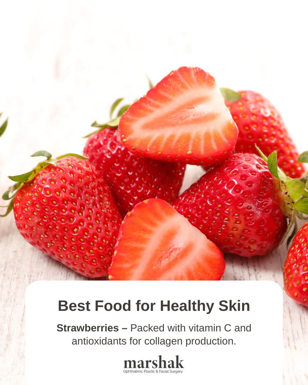 Instagram post by Dr. Harry Marshak: Your skin loves a sweet boost. 🍓 Strawberries are packed with vitamin C and antioxidants that support collagen and help your skin look fres…