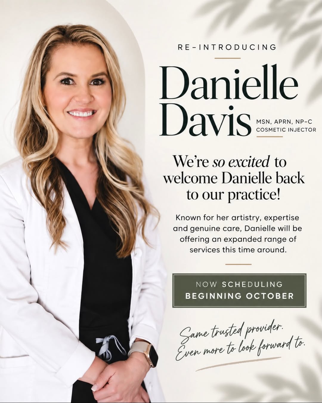 Instagram post by Dr. Harry V. Wright: We are thrilled to welcome a familiar face back to WSPS🤍 Danielle Davis is returning to the practice this October- bringing her trusted exp…