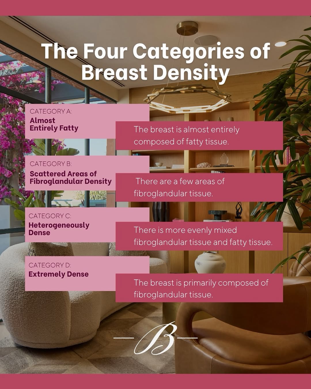 Instagram post by Dr. Heather Richardson: Did you know there are four categories of breast density? 👀 Your breast density is determined by a radiologist during your annual mammogram…