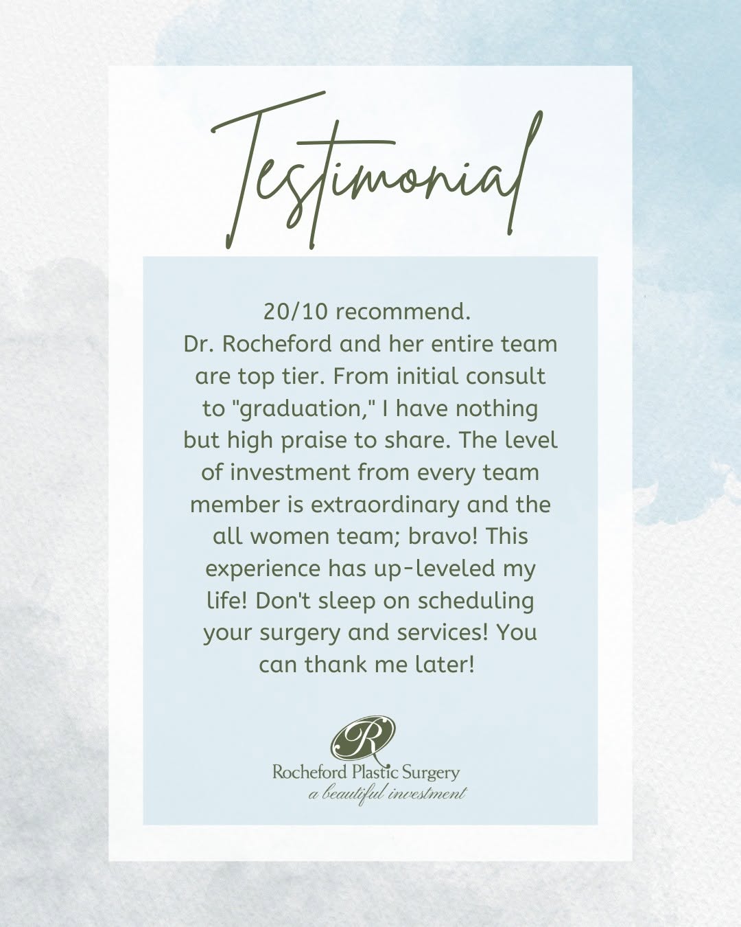 Instagram post by Dr. Heather Rocheford: A 20/10 recommendation from a patient who described her experience as extraordinary from the initial consult all the way through graduation.…