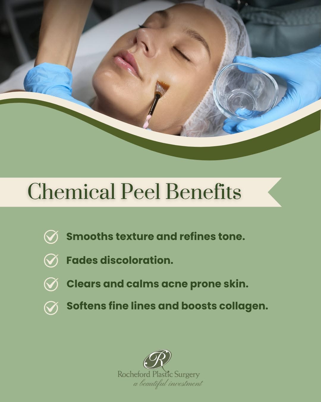 Instagram post by Dr. Heather Rocheford: A chemical peel does more than brighten. By removing the dull, damaged surface layer of skin, a peel reveals fresher skin underneath while s…