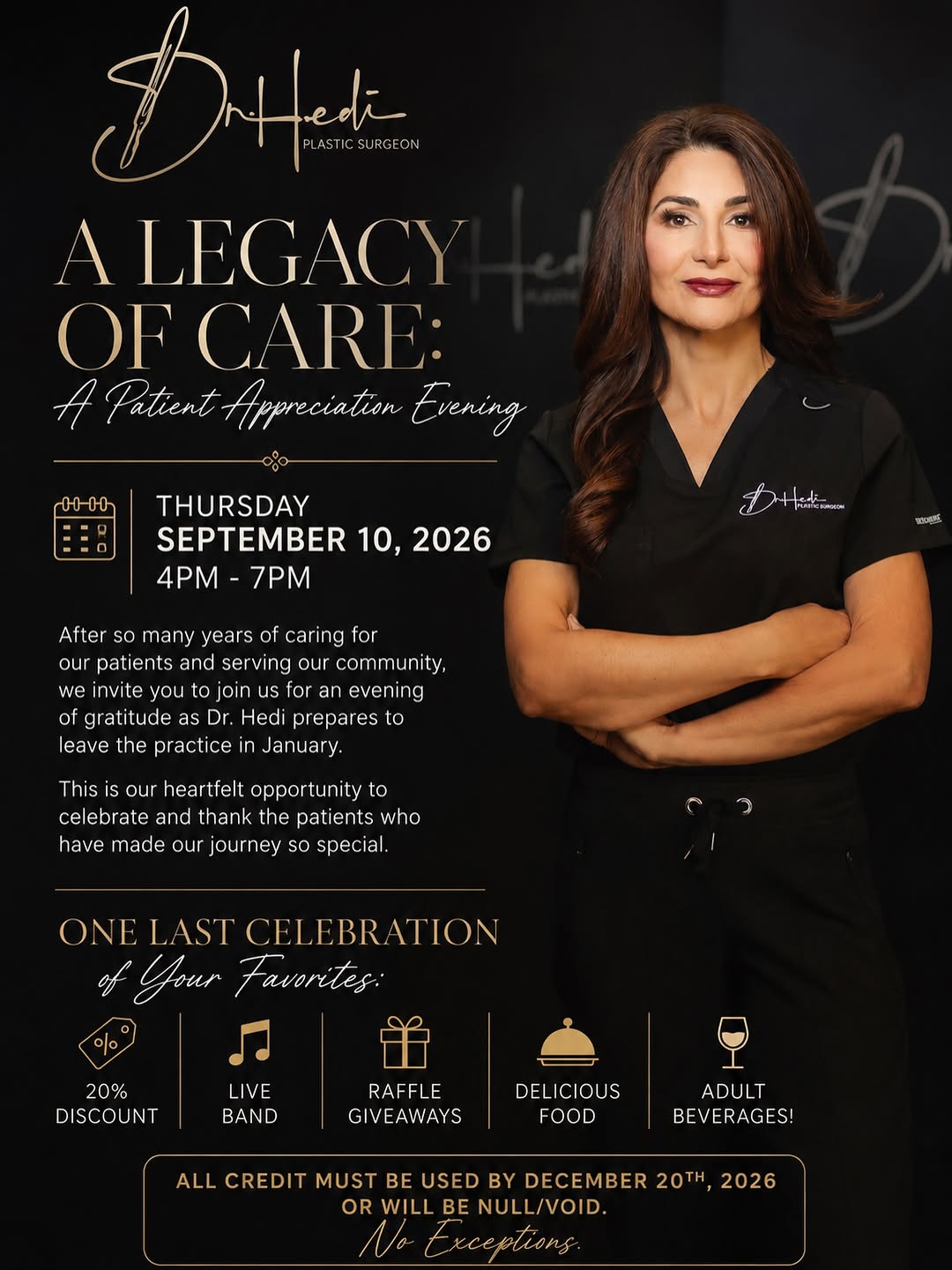 Instagram post by Dr. Hedieh Arbabzadeh: After so many years of caring for our patients, we invite you to join us for an evening of gratitude as Dr. Hedi prepares to leave the pract…