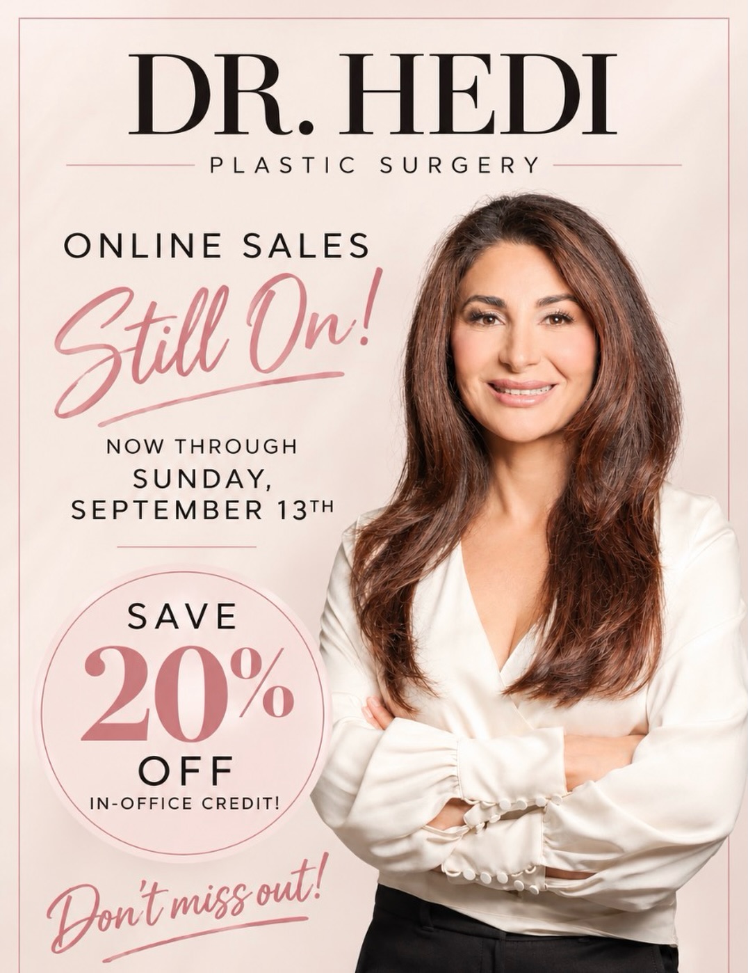 Instagram post by Dr. Hedieh Arbabzadeh: 🥳🥳Don’t miss out on your chance to save 20% off in-office credit now through Sunday September 13th! Credit MUST be used by December 30th, …